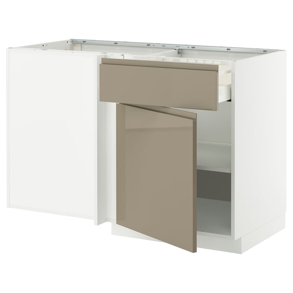 Modern kitchen unit in white & grey-brown, with sleek handles & adjustable shelves.