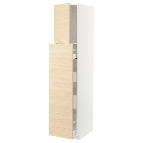 A METOD kitchen cabinet with light ash wood askersund fronts, including drawers and doors, framed in white.