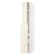White METOD kitchen cabinet with off-white doors and bevelled edges, multiple shelves and drawers.
