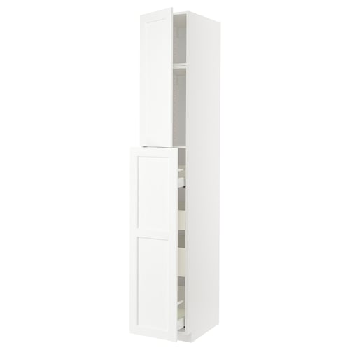 White METOD kitchen cabinet with grain texture, two open sections, sleek modern design.