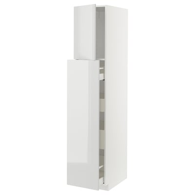 White METOD kitchen unit with high gloss grey drawer fronts, upright rectangular shape, modern clean design.