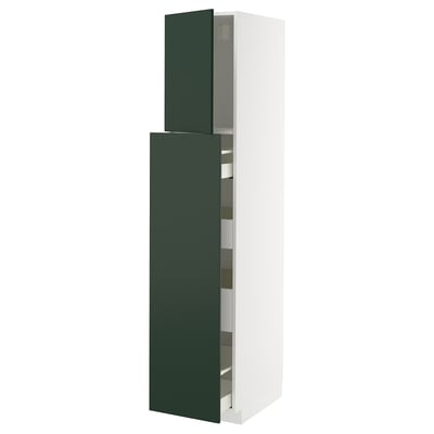 METOD green kitchen cabinet with white frame, tall, two doors.