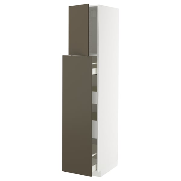 METOD kitchen cabinet, dark brown/beige havstorp fronts, tall white unit, with shelves and drawers.
