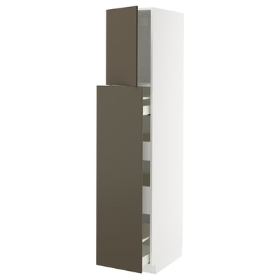 METOD kitchen cabinet, dark brown/beige havstorp fronts, tall white unit, with shelves and drawers.