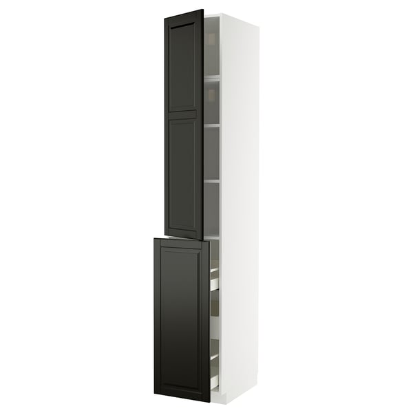 A white METOD kitchen cabinet with black beveled-edge bodbyn doors, featuring a tall, narrow design with adjustable shelves and soft-close drawers.