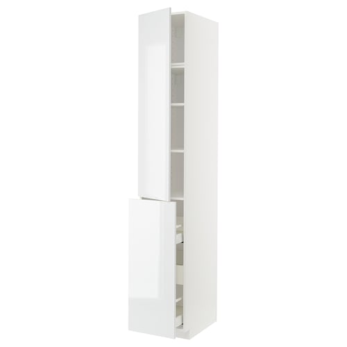 High gloss white METOD kitchen cabinet with adjustable shelves and pull-out drawer. Slim, rectangular, modern design, ideal for storage.