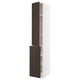 Modern white cabinet with dark brown drawer and door, wooden edge, visible shelves and drawers.