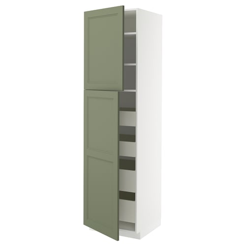 Ikea METOD cabinet, green, tall, white & green panels, multiple shelves.