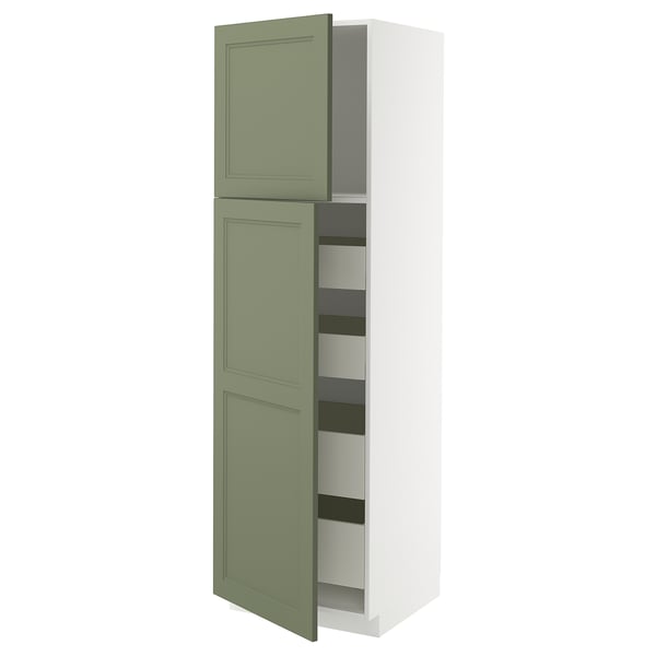 Open tall white cabinet with green doors, showing shelves. Modern traditional design, durable materials, efficient organisation.