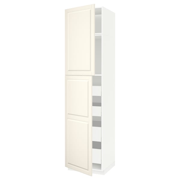Off-white METOD kitchen cabinet with bevelled edges, open door, three shelves.