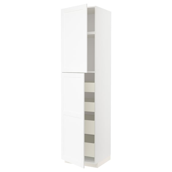A white METOD cabinet with a subtle grain structure, featuring multiple shelves and a modern design.