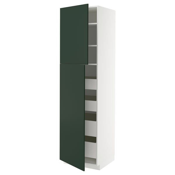 METOD tall kitchen cabinet, green, white interior, shelves.