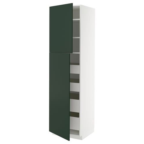 METOD tall kitchen cabinet, green, white interior, shelves.