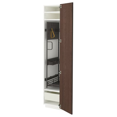 Open dark brown ikea METOD kitchen cabinet with adjustable shelves and smooth-running drawer.