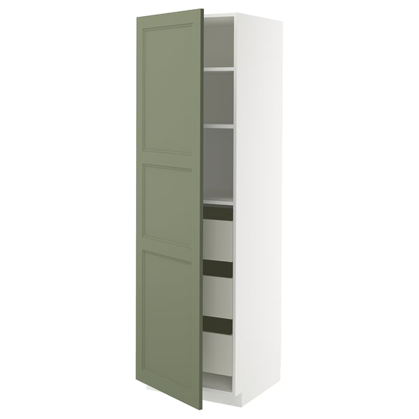 Modern kitchen cabinet, light green, tall, white & green, panelled design, storage shelves.
