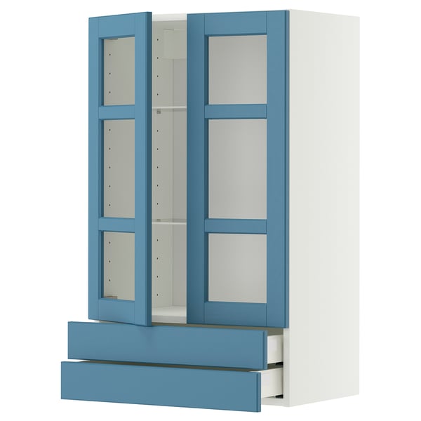 Blue METOD cabinet with glass doors and drawers, modern design.