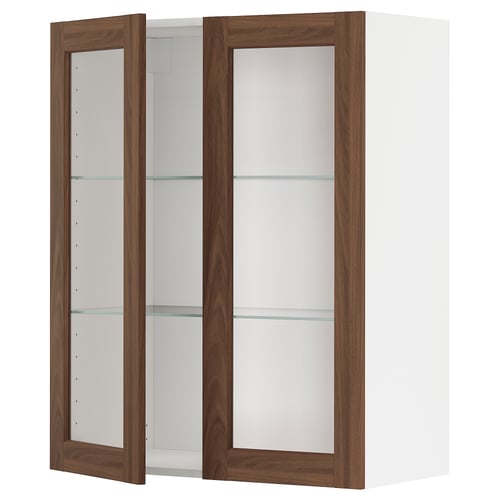 METOD kitchen wall unit, walnut glass doors, white frame, adjustable shelves.