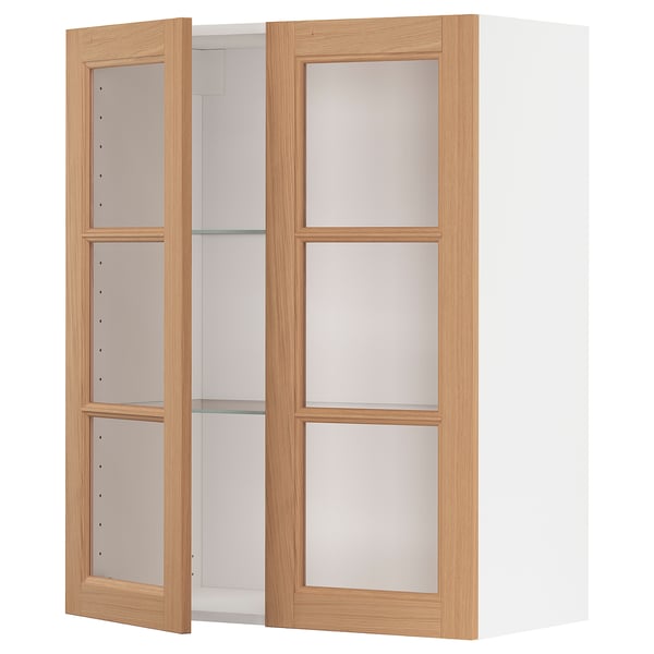 METOD oak kitchen cabinet- 3 glass doors, light wood frame, adjustable shelves, sturdy build.