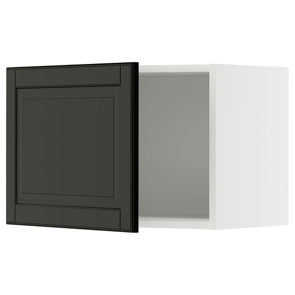 A black METOD kitchen cabinet with a bevelled edge design. The cabinet is square-shaped with a modern aesthetic.