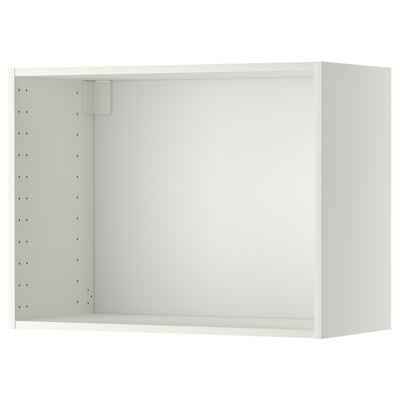 A white METOD wall cabinet from IKEA. Its square-shaped, made of particle board with a melamine finish, and has perforated back panel for ventilation.