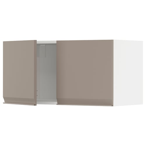 A pale pink METOD wall-mounted kitchen cabinet with a modern design, featuring a grey-beige door with a minimalist handle and chamfered edges.