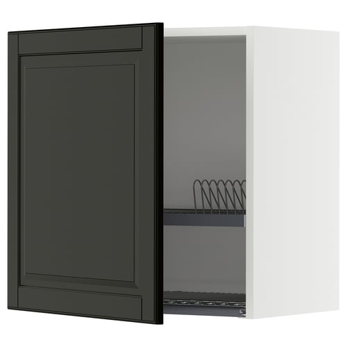 Modern black kitchen cabinet with bevelled edges, white interior and adjustable shelf.
