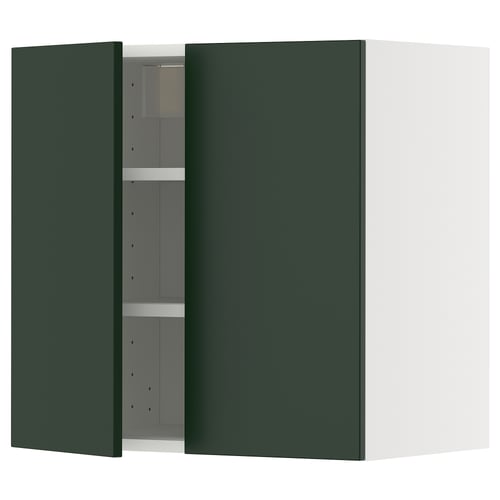 Green cabinet, open showing shelves. Modern minimalist design, metallic hinges.
