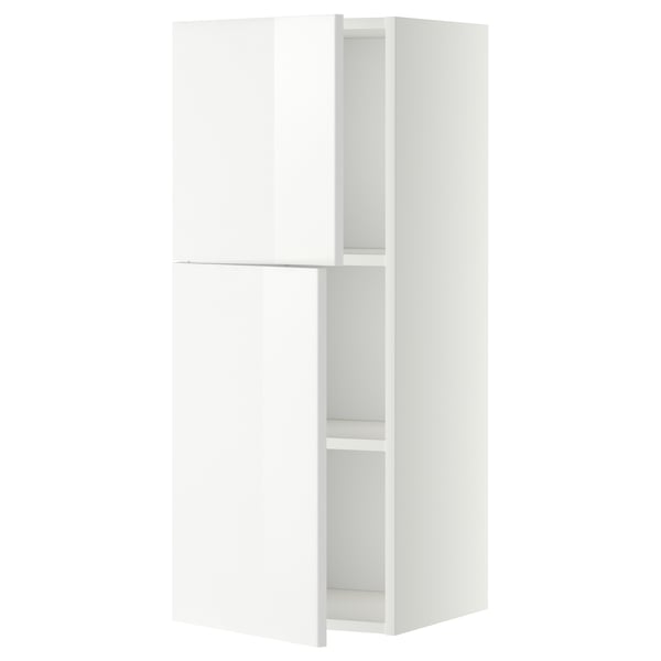White METOD kitchen cabinet, glossy finish, rectangular shape, two open shelves.