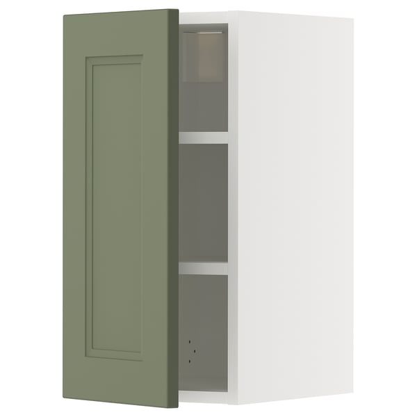 METOD wall cabinet in greenish-gray with adjustable shelves and right or left door mount.
