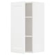 A white IKEA METOD kitchen wall cabinet with one open door, revealing an adjustable shelf inside.