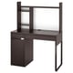 A dark brown MICKE desk with storage shelves, adjustable interior shelves, and cable management system.