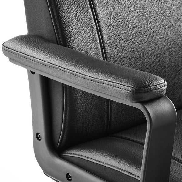 Close-up of a modern office chair with padded armrest, featuring high-quality upholstery and intricate stitching for comfort and durability.