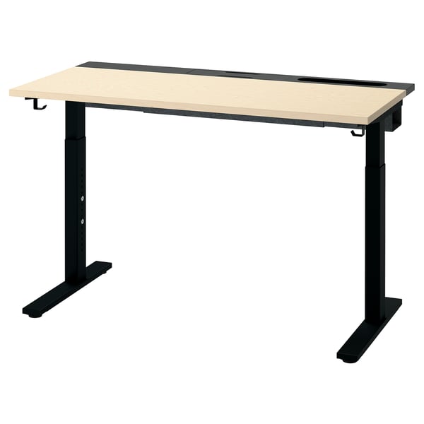 MITTZON desk, light wood top, black metal legs. Adjustable height. Rectangular, clean design.