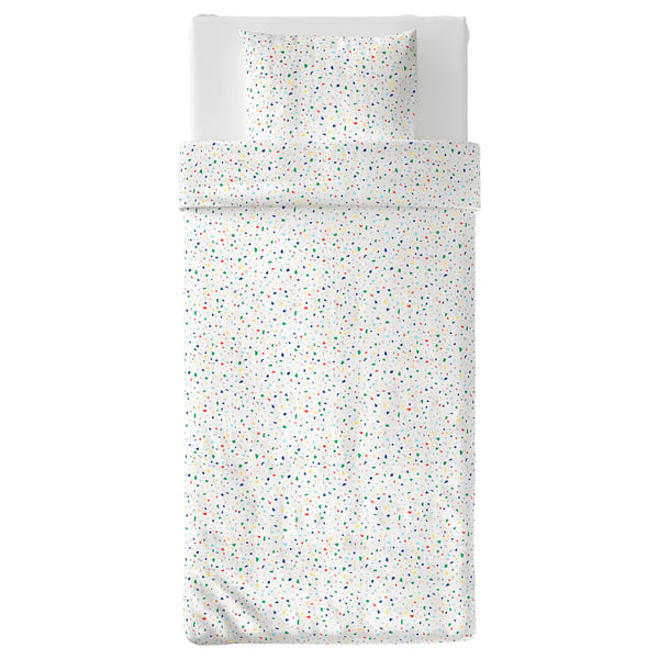 MÖJLIGHET bedding: colourful terrazzo squares on white cotton, includes duvet & pillowcase, modern design.