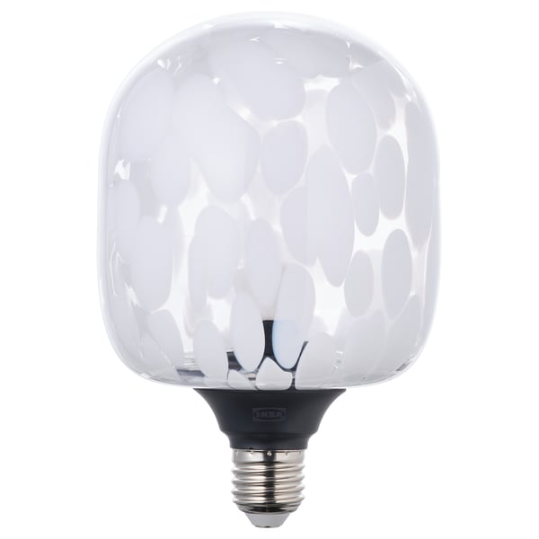 MOLNART led bulb, hand-blown with white dots, warm light.