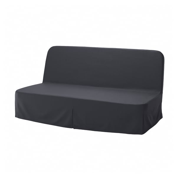 Dark grey NYHAMN sofa-bed with sleek, modern design. Covered in recycled polyester, it a seamless, adjustable backrest.