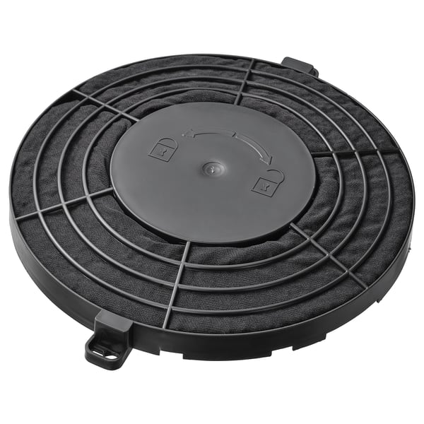 Black circular charcoal philtre for range hood by IKEA.