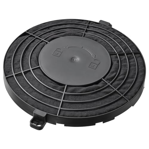 Black circular charcoal philtre for range hood by IKEA.