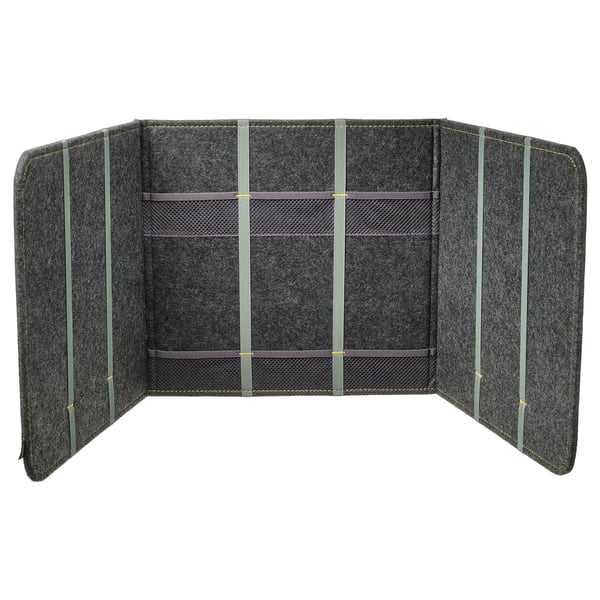 Ikea ÖVNING desk divider, dark grey, three-panel design with pockets, folds flat, made from recycled polyester.