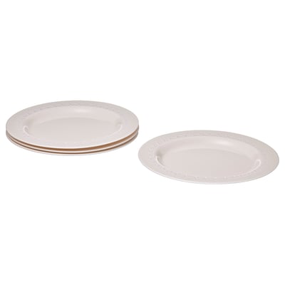Stack of four white, round, tempered glass plates with a beaded rim design, suitable for dining.