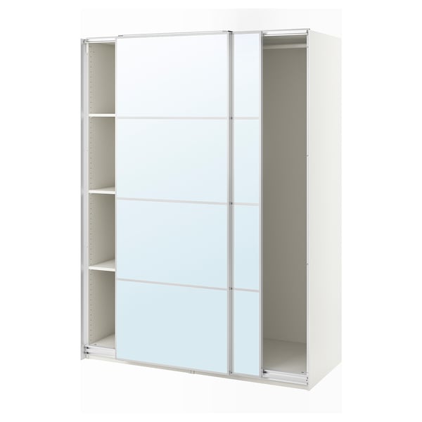 White ikea PAX wardrobe with mirrored sliding doors, metal frame, and glass doors.