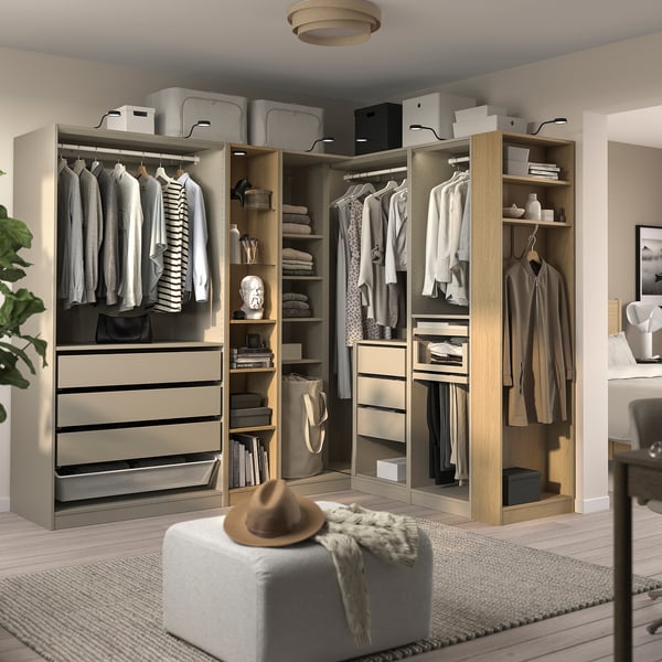 PAX Corner wardrobe, grey-beige grey-beige/oak effect, 245/180x201 cm