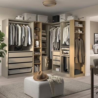 PAX Corner wardrobe, grey-beige grey-beige/oak effect, 245/180x201 cm