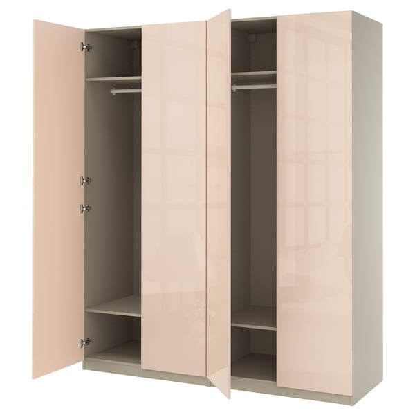 Beige PAX wardrobe with two open doors revealing empty shelves.