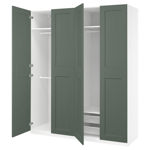 Image shows green PAX wardrobe with open doors, metal hinges, shelves, and mesh basket.