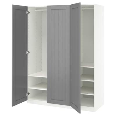 Ikea PAX wardrobe - gray and white, rectangular, with multiple shelves and hanging sections.