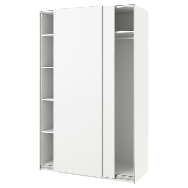 A white PAX wardrobe with sliding doors and multiple shelves.