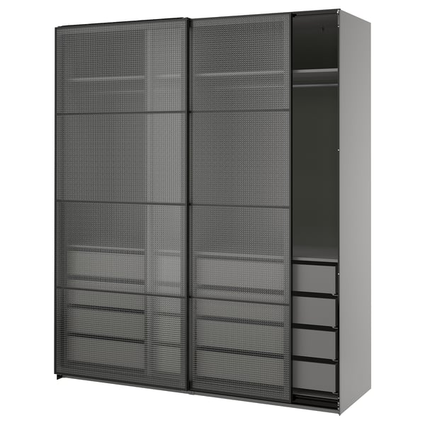 PAX / LUNDBRÄSMA Wardrobe with sliding doors, dark grey black/checkered glass, 200x66x236 cm