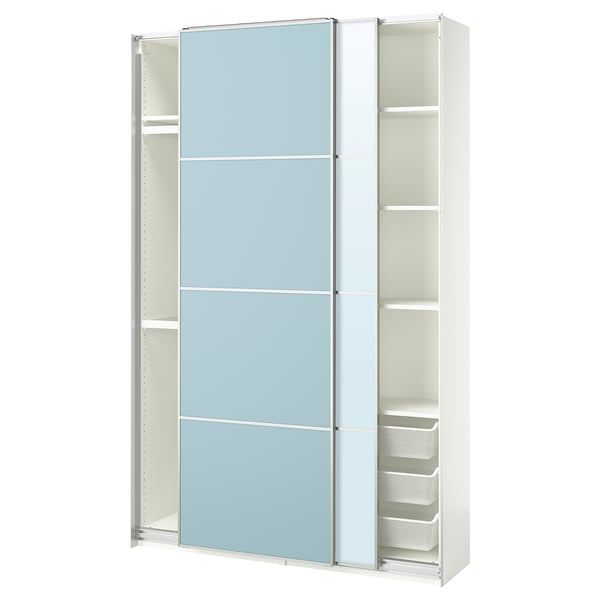 An open, white ikea PAX wardrobe with light blue panels and shelves.