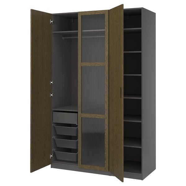 Modern PAX wardrobe, gray-brown. Mesh baskets, shelves, and hangers for versatile storage.